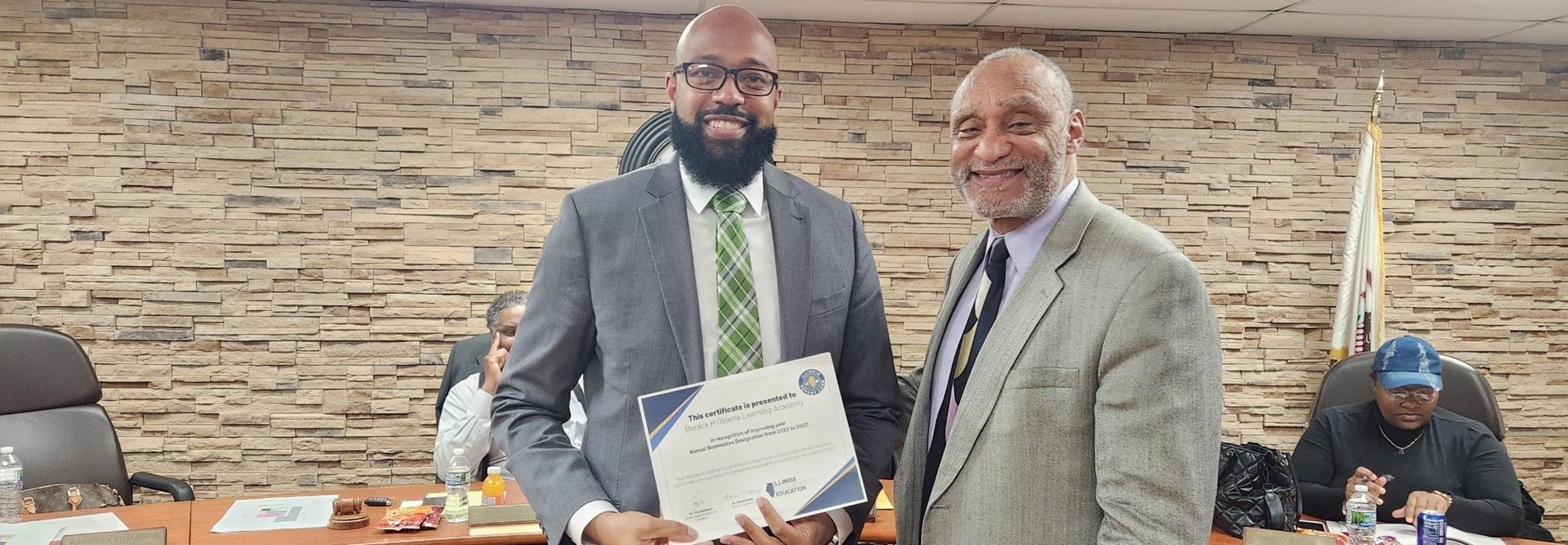 Mr. Jones accepts a certificate of recognition for improving student achievement from the Illinois State Superintendent! Congratulations BOLA!